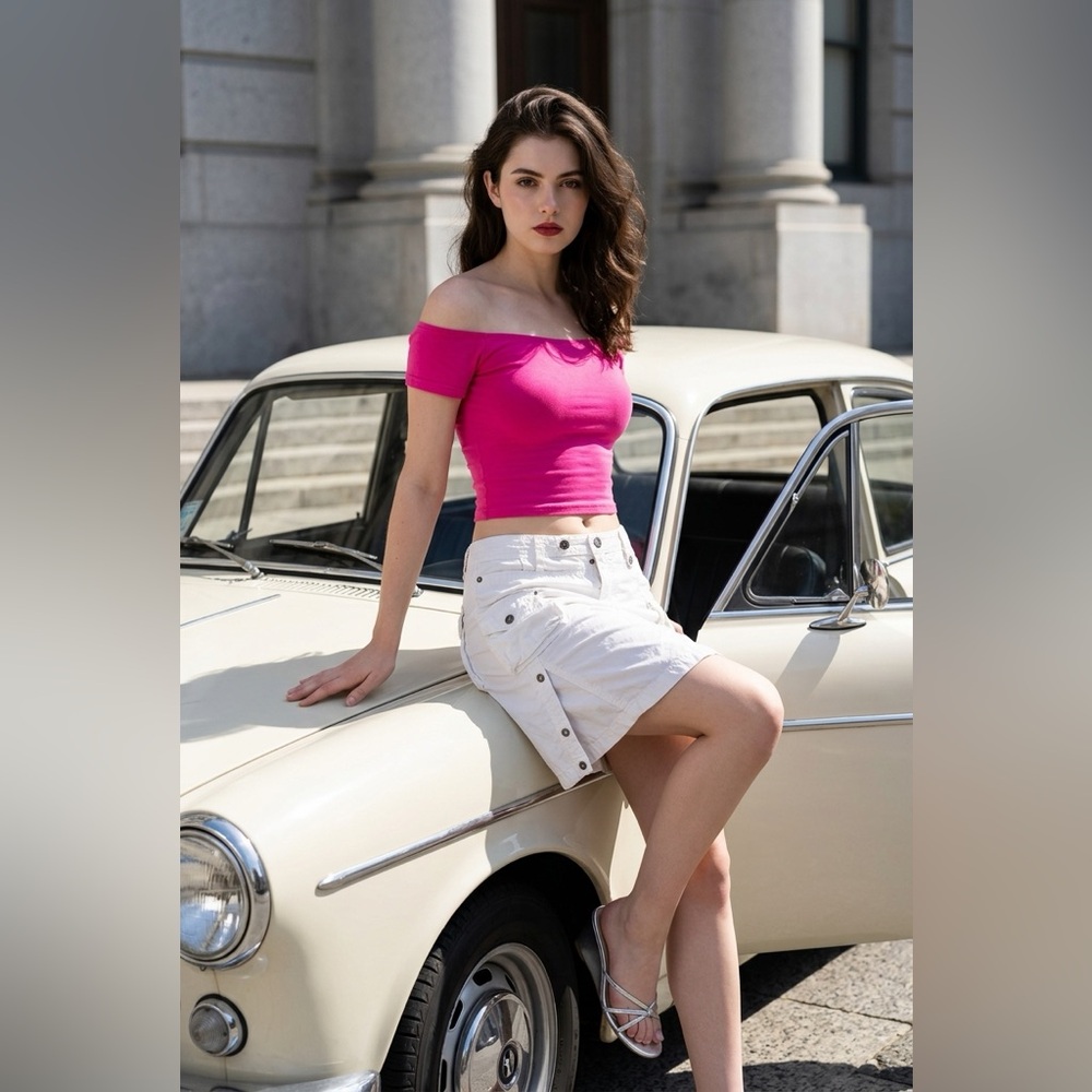 J.Crew Hot Pink Off-Shoulder Crop Top + Diesel White Cargo Mini Skirt Set XS/27